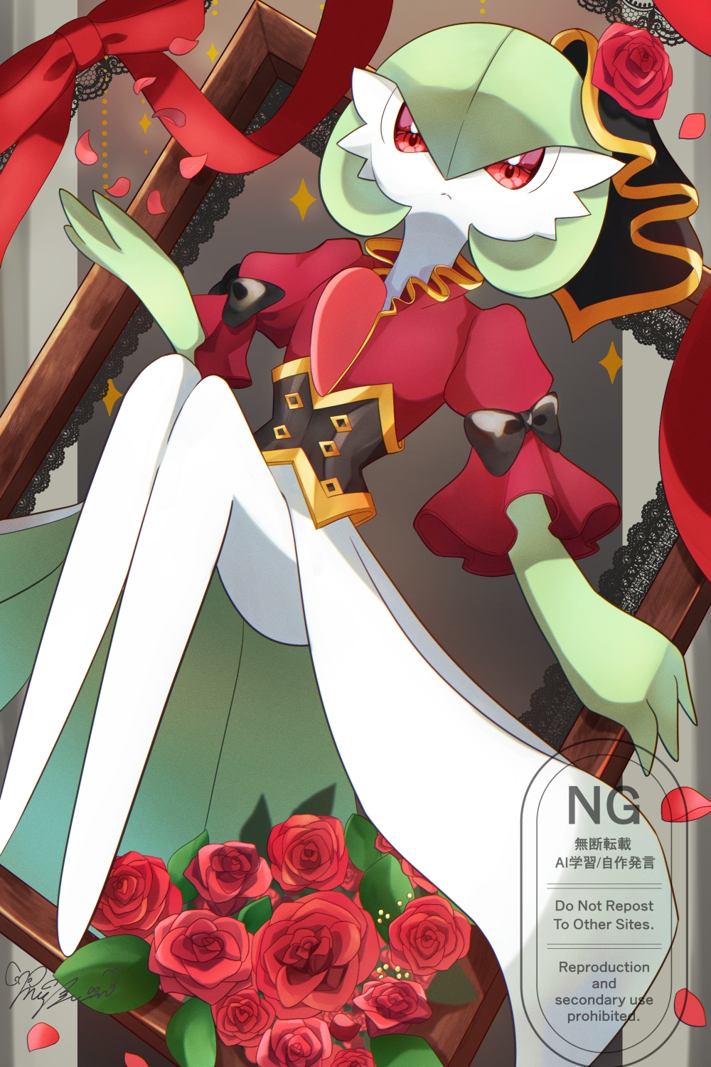 1girl, artist_name, black_bow, black_corset, bob_cut, bow, closed_mouth, clothed_pokemon, colored_skin, corset, fascinator, female_focus, flat_chest, flower, gardevoir, gardevoir_(aristocrat), gen_3_pokemon, gold_trim, green_hair, green_skin, hair_between_eyes, hand_up, hat, hat_flower, knees_together_feet_apart, looking_at_viewer, mizuiroshi, multicolored_skin, nintendo, no_feet, petals, picture_frame, pokemon, pokemon_(creature), pokemon_unite, puffy_sleeves, red_bow, red_eyes, red_flower, red_ribbon, red_rose, red_shirt, ribbon, rose, shirt, short_hair, signature, sitting, solo, sparkle, through_medium, two-tone_skin, watermark, white_skin