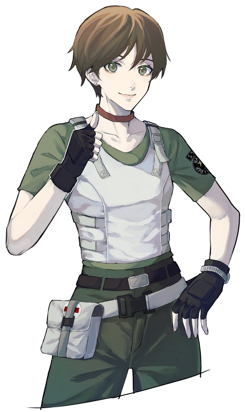 1girl, absurdres, black_gloves, breasts, brown_hair, choker, closed_mouth, cowboy_shot, cropped_legs, earrings, fingerless_gloves, first_aid_kit, gloves, green_eyes, green_pants, green_shirt, hashtag-only_commentary, highres, jewelry, medium_breasts, ninyunyan, pants, rebecca_chambers, red_choker, resident_evil, resident_evil_1, shirt, short_hair, smile, solo, thumbs_up, vest, watch, white_background, white_vest, wristwatch