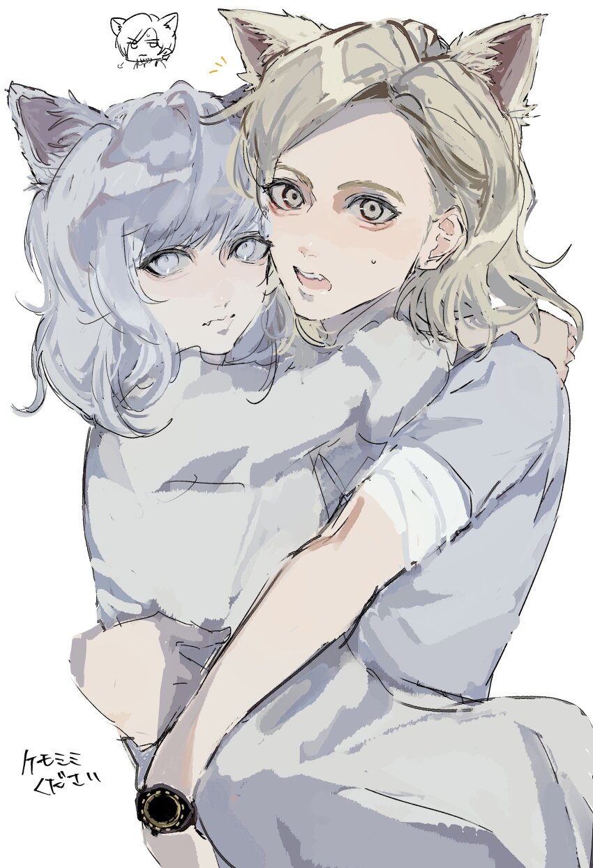 1boy, 2girls, absurdres, animal_ear_fluff, animal_ears, arms_around_another's_waist, bandaged_arm, bandages, blonde_hair, cat_ears, cat_girl, chibi, chibi_inset, child, dress, emily_(resident_evil), grace_ashcroft, grey_eyes, grey_hair, hashtag-only_commentary, highres, kemonomimi_mode, leon_s._kennedy, medium_hair, multiple_girls, ninyunyan, open_mouth, resident_evil, resident_evil_requiem, shirt, sigh, sketch, sweatdrop, upper_body, watch, white_background, white_dress, white_shirt, wristwatch