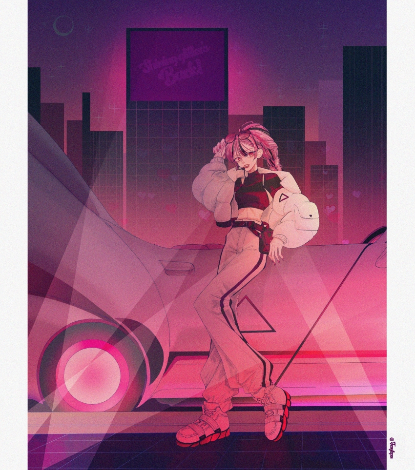 1girl, absurdres, braid, braided_ponytail, car, cookie_run, cookie_run:_ovenbreak, crop_top, fosytopa, glitter, glitter_in_hair, headset, highres, jacket, leaning, long_hair, motor_vehicle, multicolored_hair, nail_polish, navel, open_clothes, open_jacket, pants, pink_hair, pink_nails, shining_glitter_cookie, shining_glitter_cookie_(superstar_airport_attire), stomach, sunglasses, third-party_source, white_pants