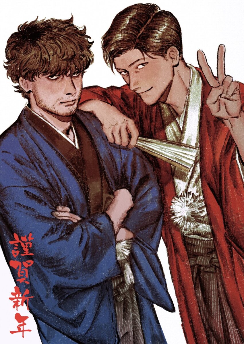 2boys, 3000_etc, beard_stubble, black_eyes, blue_hakama, brown_hair, closed_mouth, commentary_request