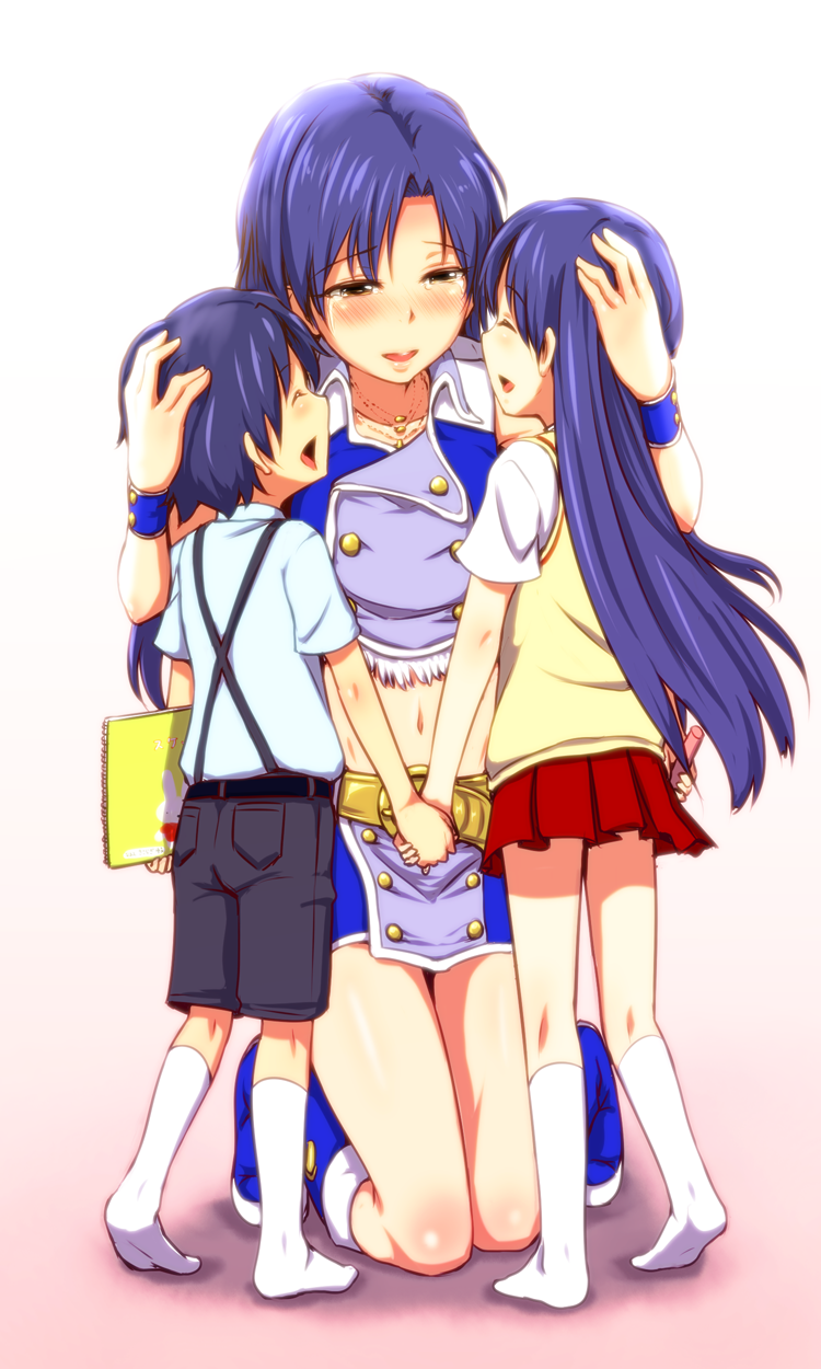 1boy, 2girls, blue_hair, boots, brother_and_sister, brown_eyes, child, clearite