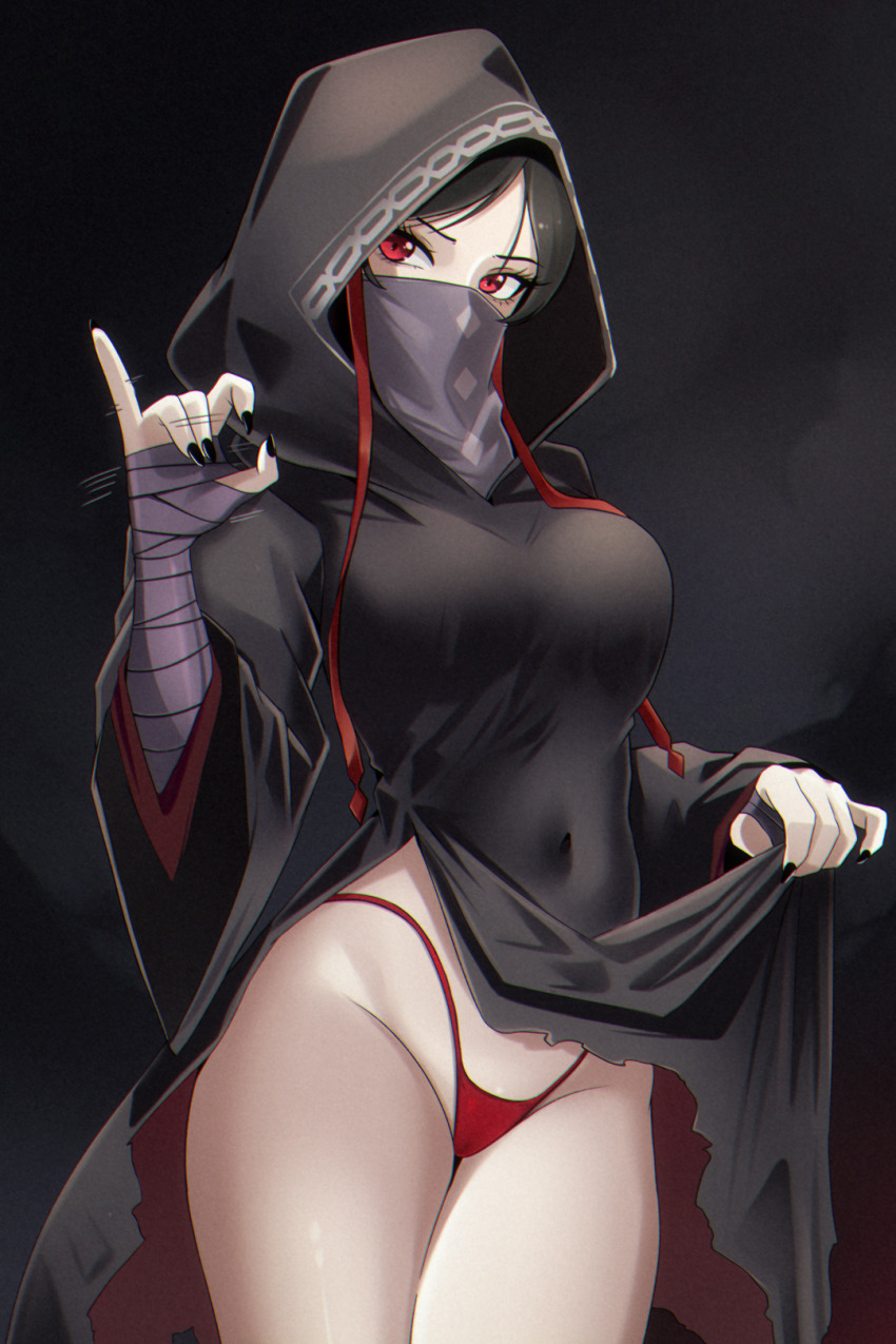 1girl, artist_name, bandaged_arm, bandages, black_background, black_cloak, black_hair, black_hood