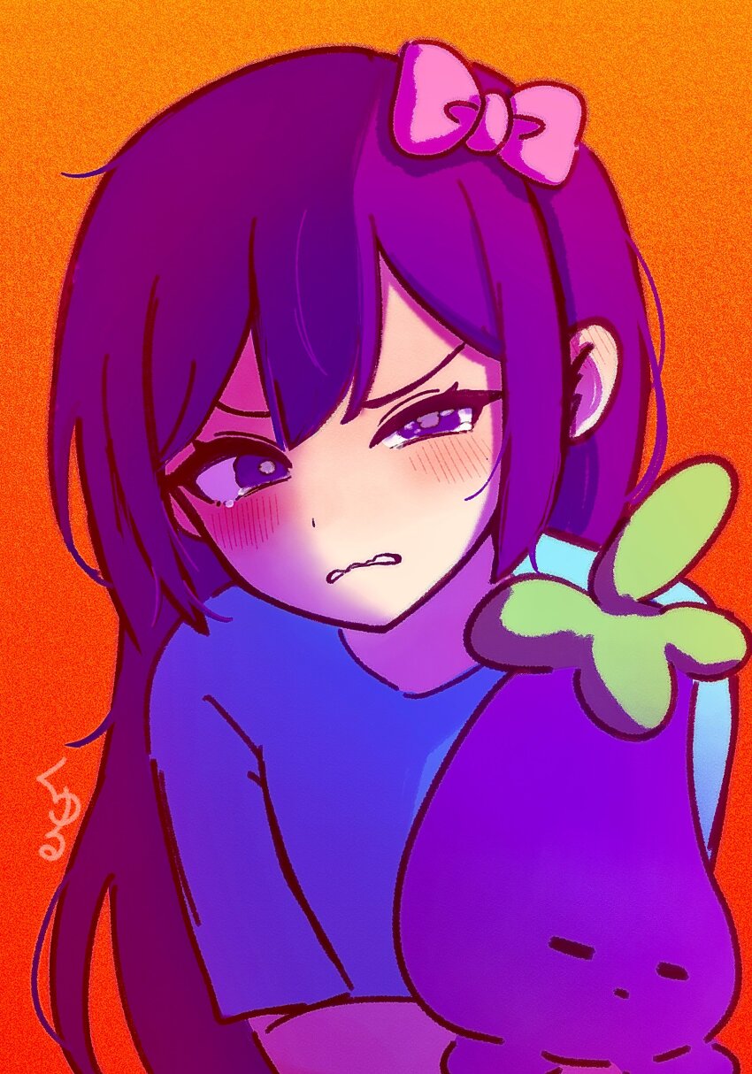 1girl, absurdres, angry, aubrey_(faraway)_(omori), aubrey_(omori), blue_shirt, blush, bow