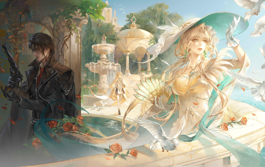 1boy, 2girls, artist_request, bird, black_hair, black_jacket, blonde_hair, day