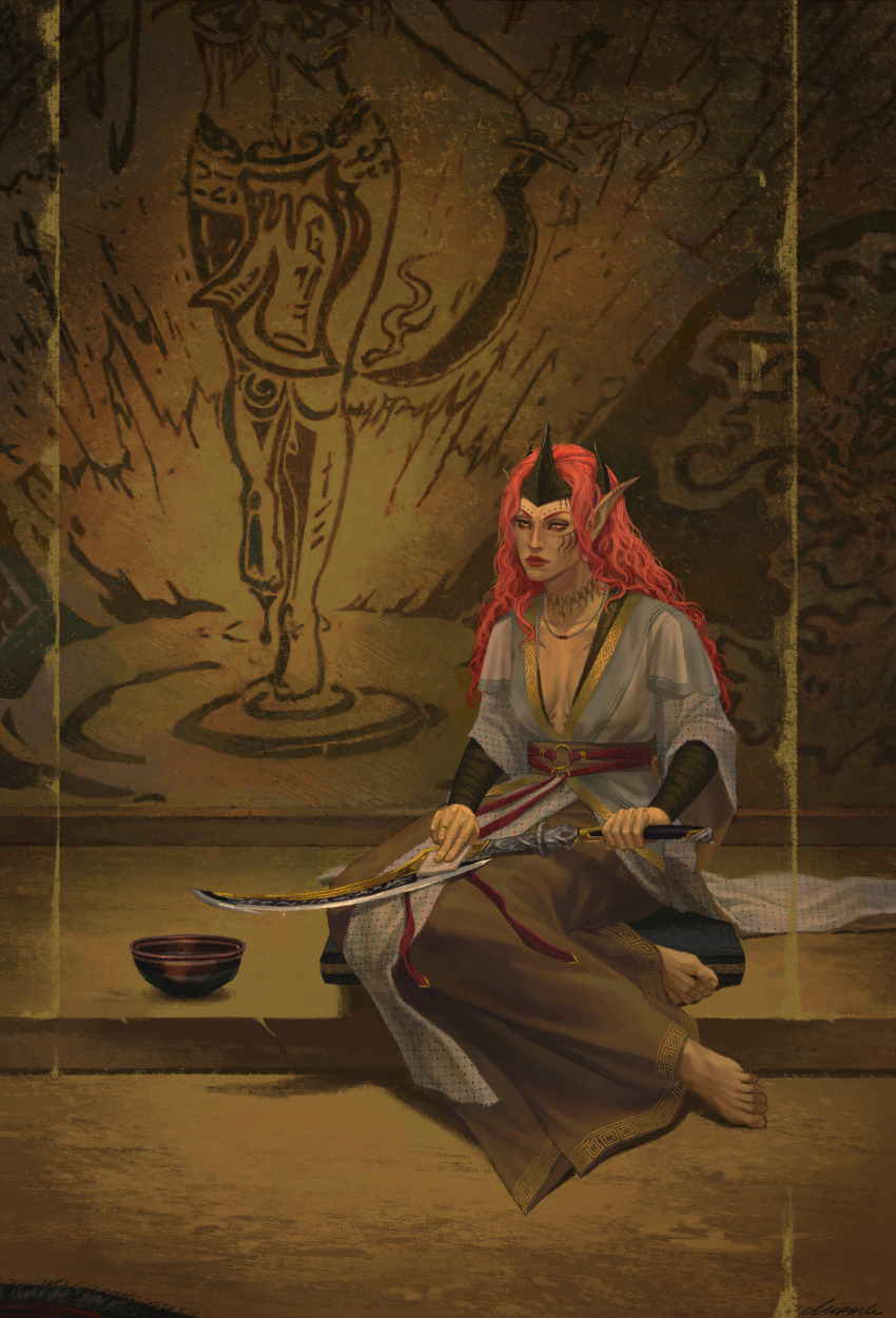 1girl, absurdres, almalexia, barefoot, bowl, brown_dress, chain, chain_necklace, chippypiper, crown, dress, gold_skin, grey_robe, highres, holding, holding_sword, holding_weapon, hopefires_(sword), indoors, jewelry, looking_at_viewer, mural, necklace, pointy_ears, red_hair, robe, signature, sitting, sword, the_elder_scrolls, the_elder_scrolls_iii:_morrowind, weapon, yellow_eyes