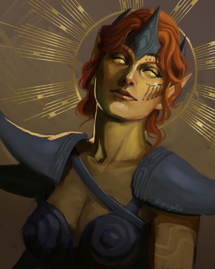 1girl, almalexia, arm_tattoo, armor, artist_name, arugullla, boobplate, breastplate, brown_background, commentary, crown, english_commentary, facial_tattoo, gold_skin, halo, halo_behind_head, highres, looking_to_the_side, portrait, red_hair, shoulder_armor, smirk, solo, tattoo, the_elder_scrolls, the_elder_scrolls_iii:_morrowind, upper_body, yellow_eyes