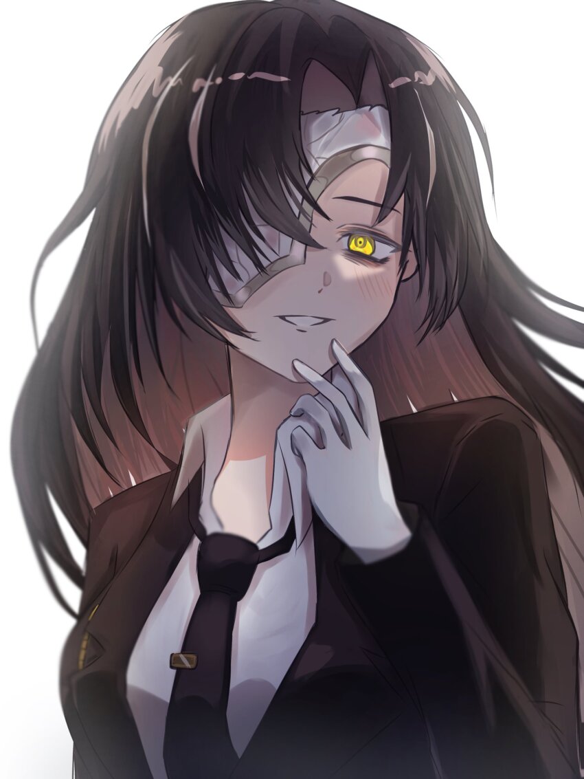 1girl, black_hair, black_necktie, collared_shirt, genderswap, genderswap_(mtf), gloves, haneetyann