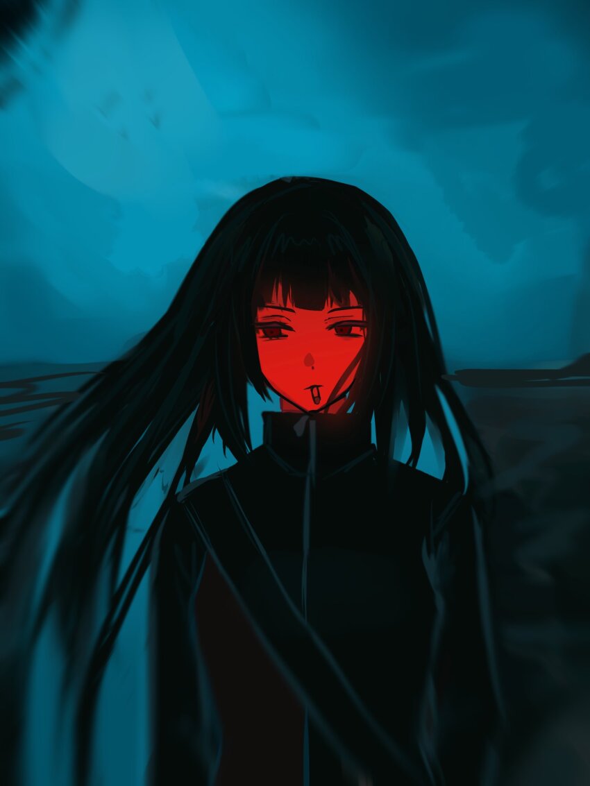 1girl, black_hair, black_jacket, cigarette, closed_mouth, colored_skin, dark, haneetyann, hashtag-only_commentary, highres, jacket, limbus_company, long_hair, project_moon, red_eyes, red_skin, ryoshu_(project_moon), solo, track_jacket, upper_body, very_long_hair