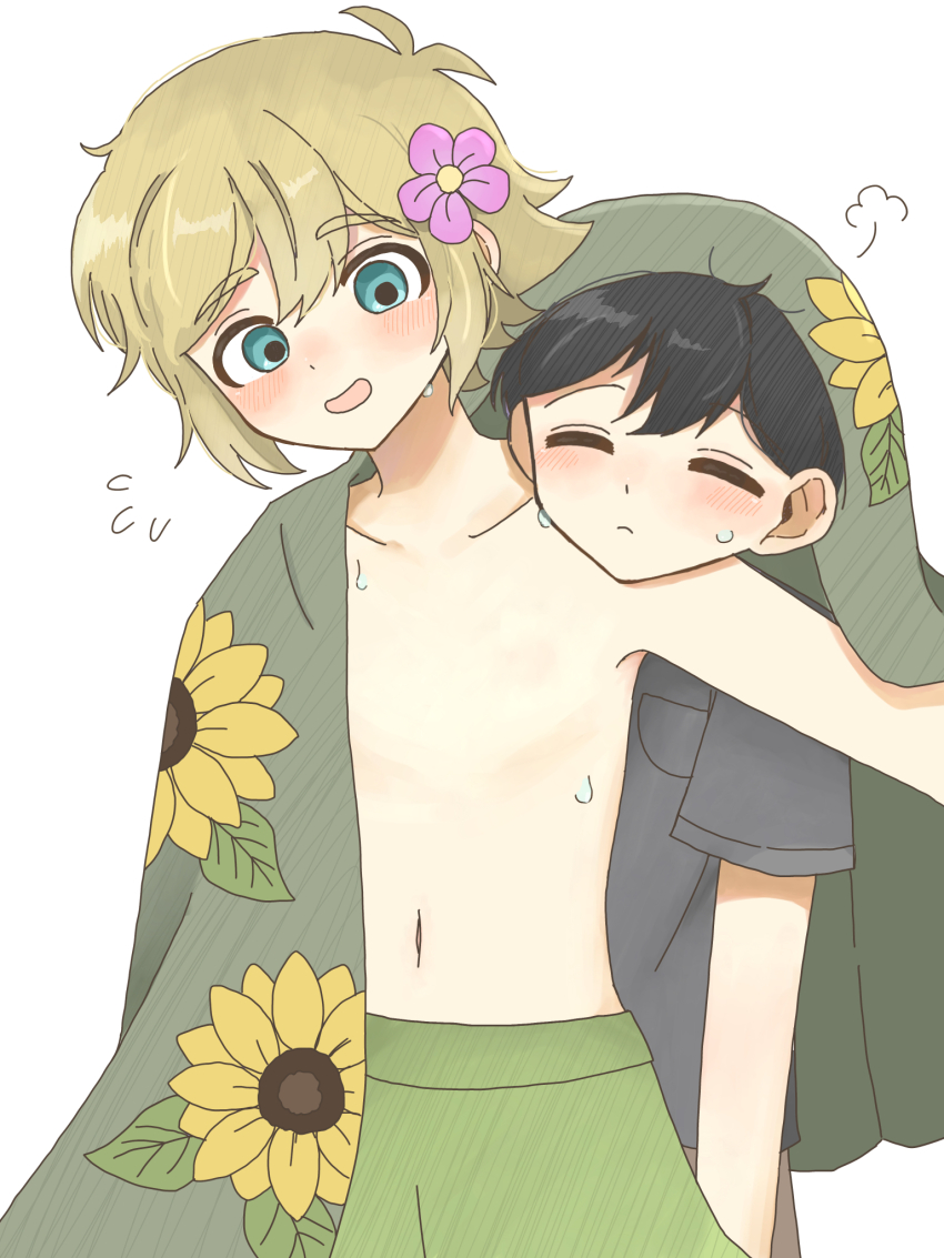 2boys, alternate_costume, basil_(faraway)_(omori), basil_(omori), black_hair, blonde_hair, blue_eyes, blush