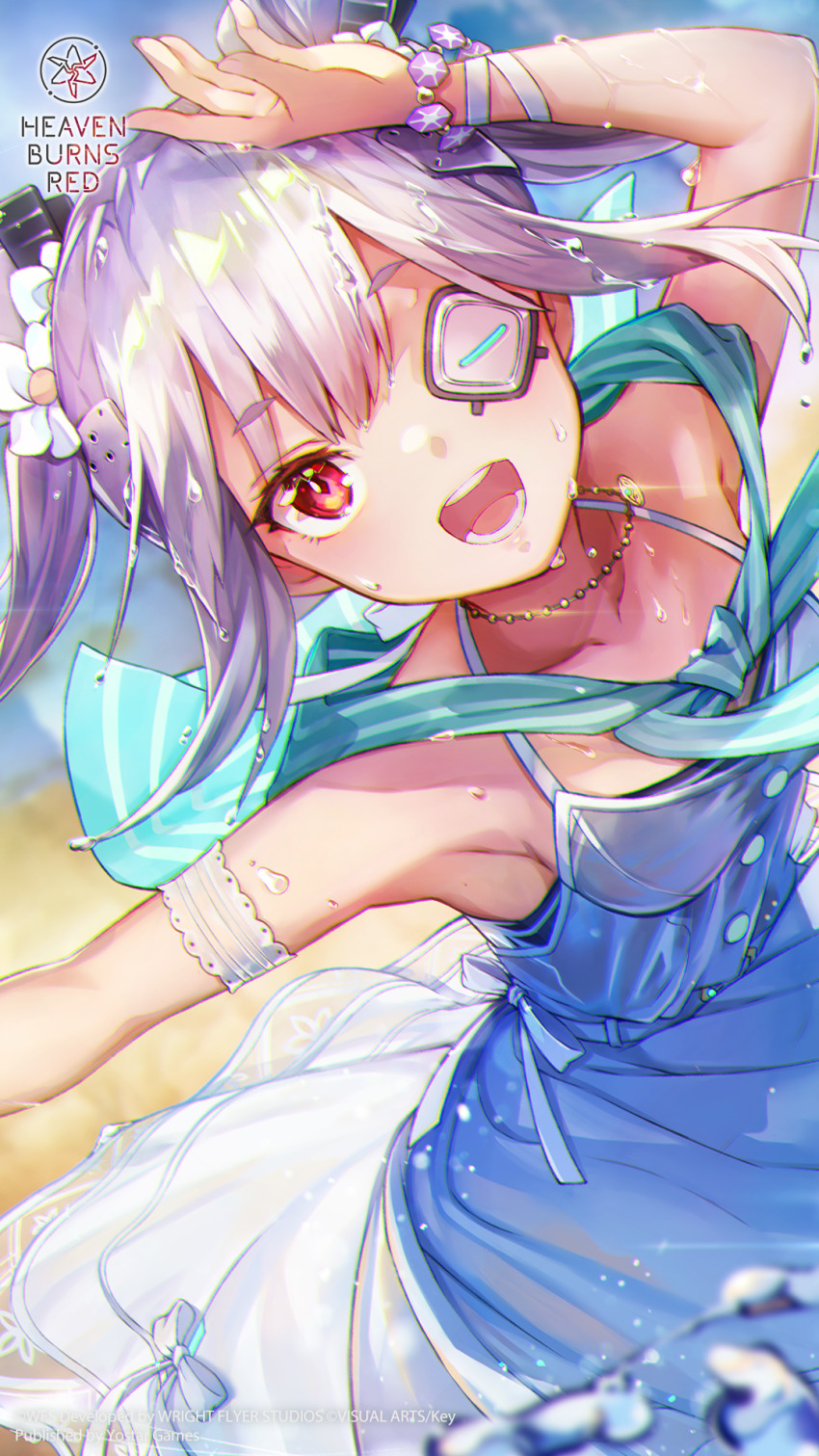 1girl, :d, after_rain, arm_strap, arm_up, blurry, blurry_background, breasts