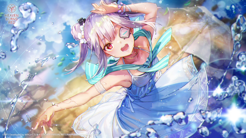 1girl, :d, after_rain, arm_strap, arm_up, blurry, blurry_background, breasts