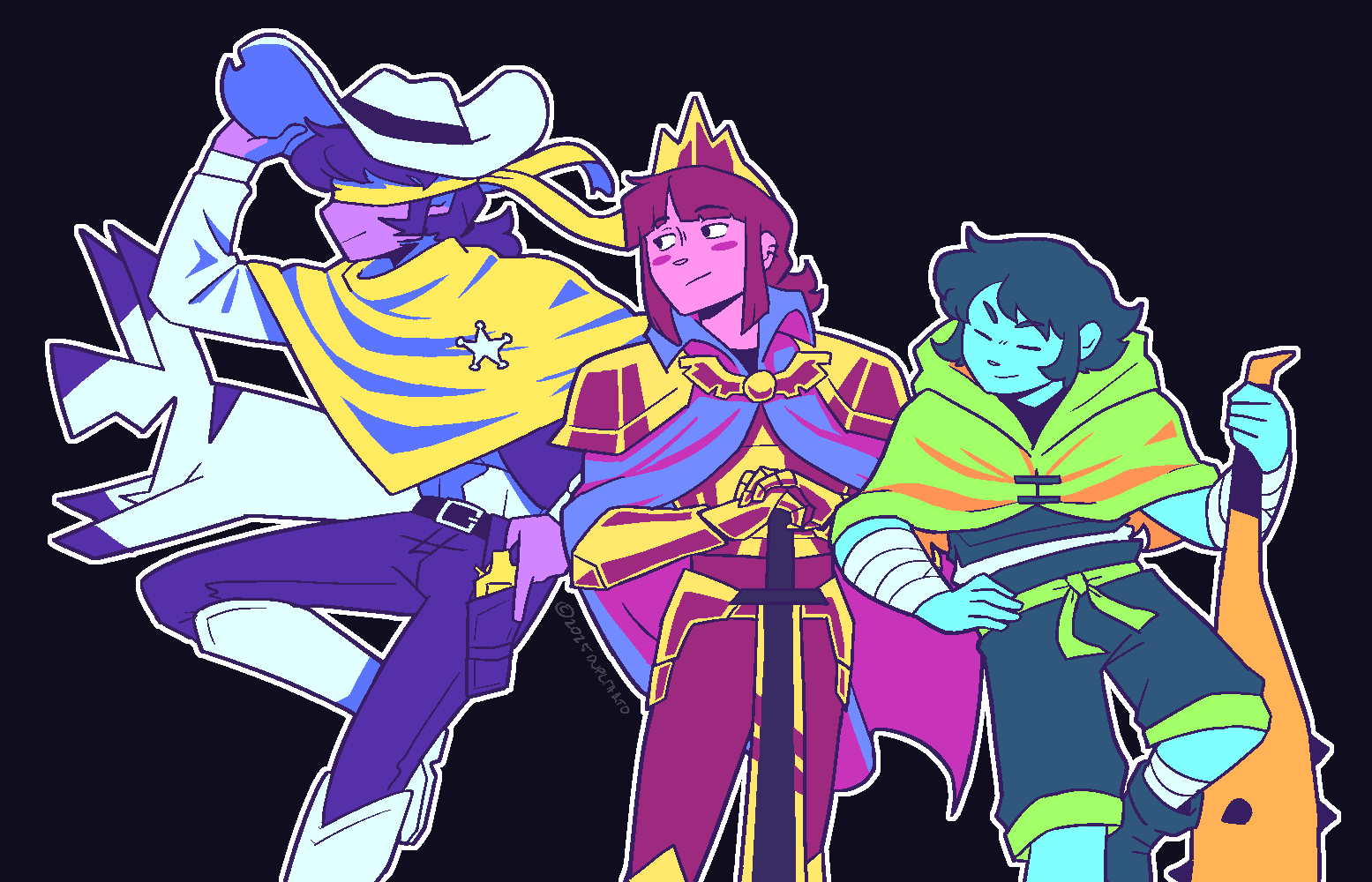 3others, adjusting_clothes, adjusting_headwear, alt_text, alternate_costume, alternate_skin_color, androgynous, armor