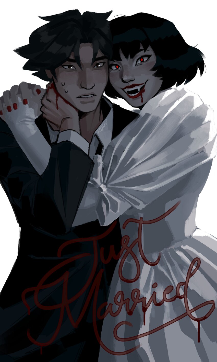 1girl, absurdres, black_hair, black_suit, blood, blood_on_face, commentary, deadlock_(game)