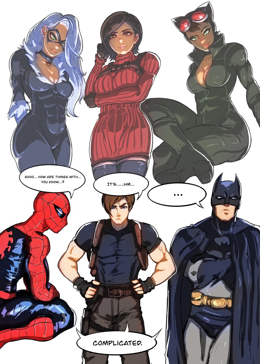 3boys, 3girls, absurdres, ada_wong, alternate_legwear, batman, batman_(series), black_cat_(marvel)