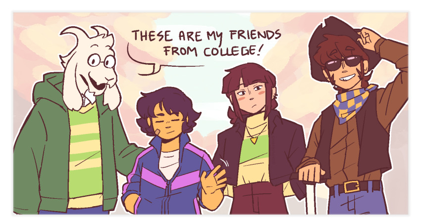 1boy, 3others, alt_text, alternate_universe, androgynous, animal_ears, arm_up, asriel_dreemurr