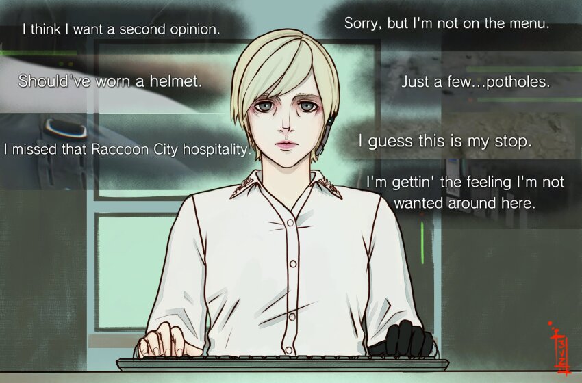 1girl, black_gloves, blonde_hair, collared_shirt, commentary, computer_keyboard, dane_celestia, english_commentary, game_screenshot_inset, gloves, headset, highres, leon_s._kennedy, resident_evil, resident_evil_requiem, screenshot_inset, sherry_birkin, shirt, short_hair, single_glove, typing, white_shirt