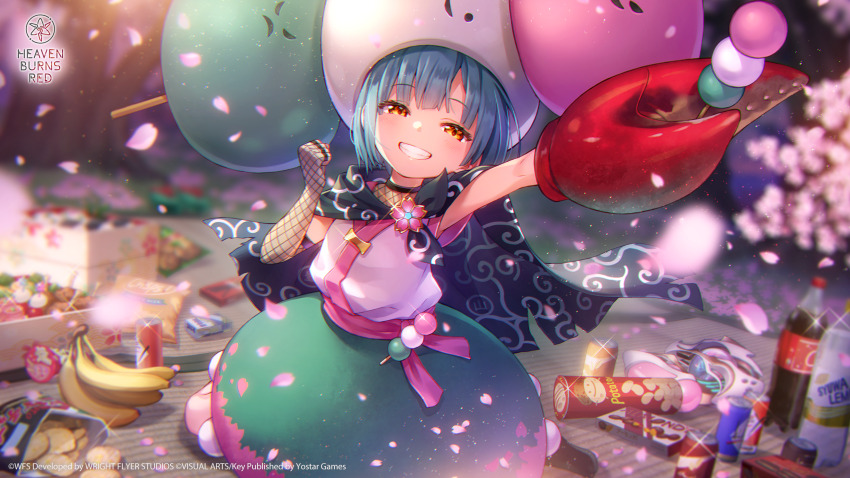 1girl, :d, banana, bento, black_cape, blanket, blue_hair, blunt_bangs, blunt_ends, blurry, blurry_background, blush, bob_cut, bottle, bungo_yayoi, bungo_yayoi_(big_dango_minion), can, cape, cherry_blossoms, chips_(food), clenched_hand, cola, copyright_name, copyright_notice, crab_claw, dango, dango_hair_ornament, depth_of_field, elbow_gloves, eyelashes, falling_petals, fingerless_gloves, fishnet_gloves, fishnets, food, food-themed_hair_ornament, fruit, full_body, glint, gloves, green_skirt, grin, hair_ornament, hanami, hand_up, happy, heaven_burns_red, highres, holding, holding_food, key_coffee_(meme), light_particles, looking_at_viewer, meme, night, official_alternate_costume, official_art, official_wallpaper, open_mouth, outdoors, outstretched_arm, petals, picnic, pocky, potato_chips, pringles_can, sanshoku_dango, shirt, short_hair, single_glove, sitting, skirt, sleeveless, sleeveless_shirt, smile, solo, spring_(season), wagashi, white_shirt, yellow_eyes