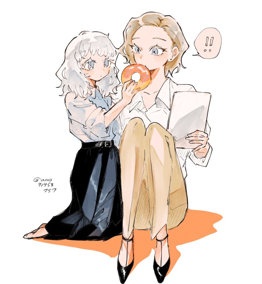 !, !!, 2girls, atsuage_(amo91958757), barefoot, black_shoes, black_skirt, blonde_hair, child, collared_shirt, commentary_request, donut, emily_(resident_evil), feeding, food, grace_ashcroft, grey_eyes, highres, holding, holding_food, holding_paper, long_skirt, multiple_girls, pants, paper, resident_evil, resident_evil_requiem, shirt, shoes, sitting, skirt, sleeves_rolled_up, spoken_exclamation_mark, twitter_username, white_hair, white_shirt, yellow_pants