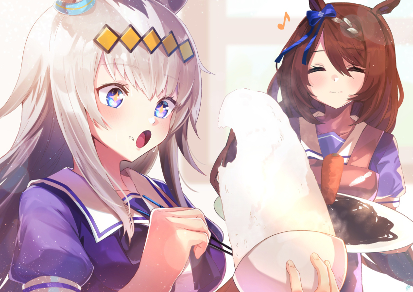 +_+, 2girls, animal_ears, blue_eyes, blush, bow, bowl, bowtie