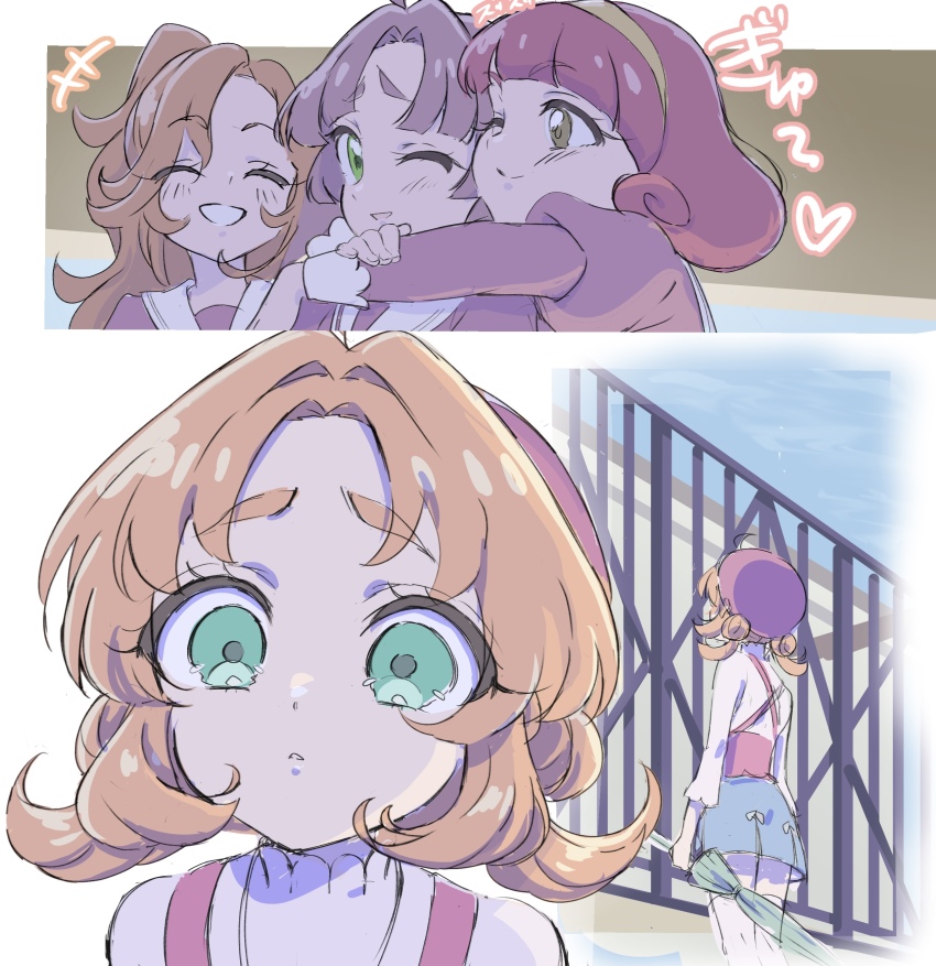 +++, 4girls, absurdres, ahoge, akechi_anna, arms_around_neck, beret, blue_skirt