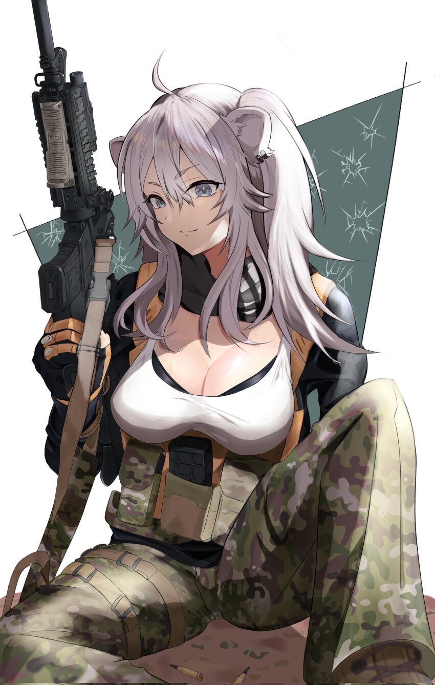 >:), 1girl, ahoge, alternate_costume, ammunition, ammunition_pouch, animal_ears, assault_rifle