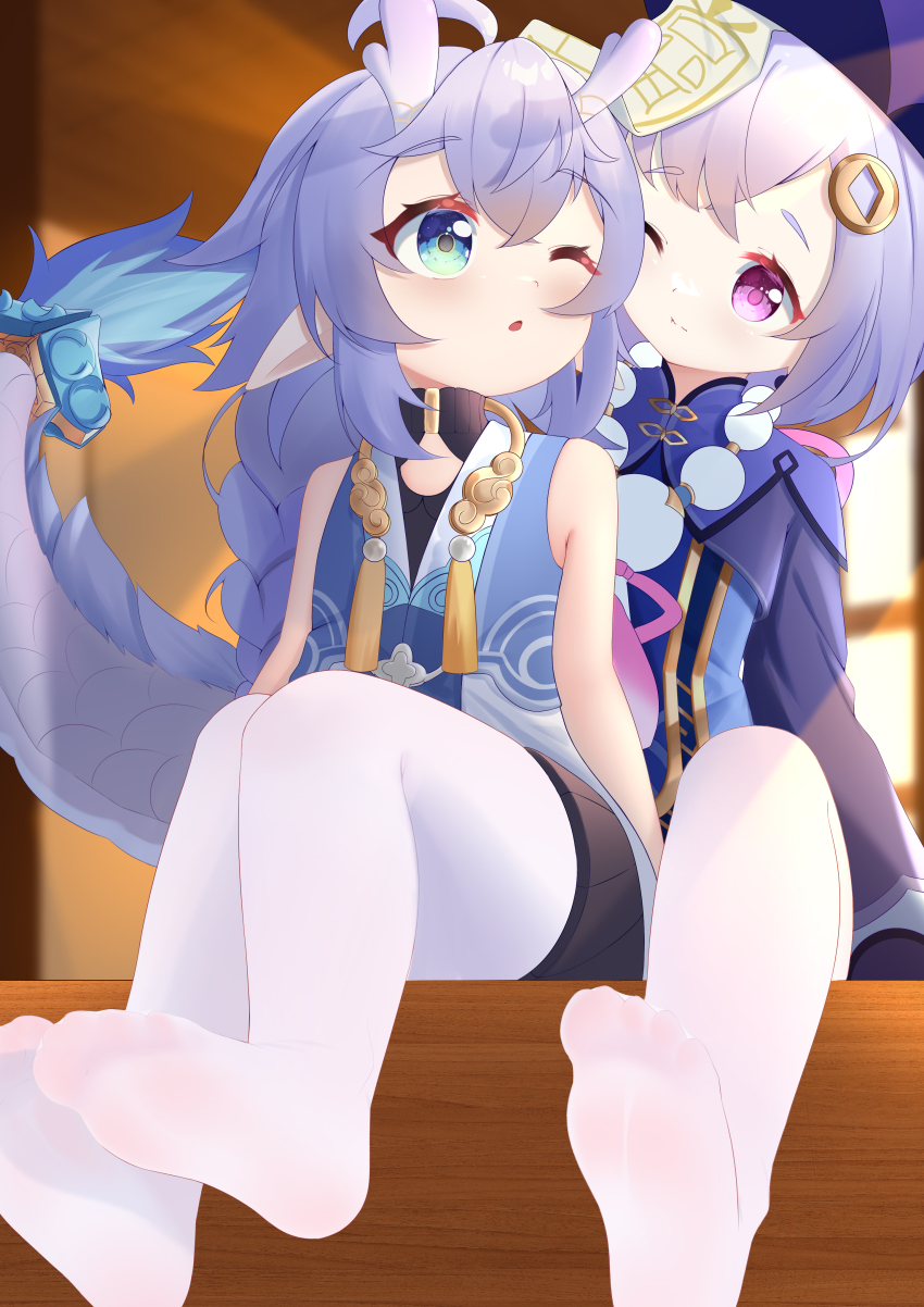 2girls, absurdres, aqua_eyes, bailu_(honkai:_star_rail), commentary_request, dian_zhi_sang, dragon_girl, dragon_horns