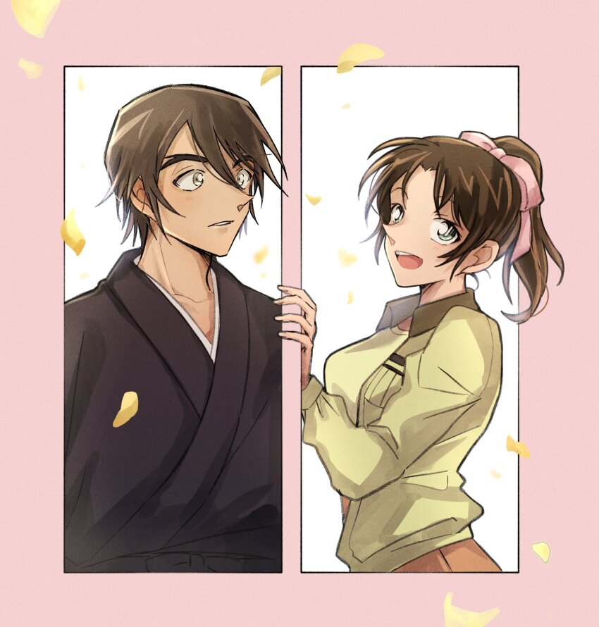 1boy, 1girl, black_robe, border, breasts, brown_hair, commentary, falling_petals