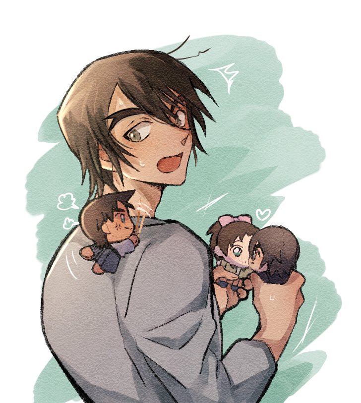 1girl, 2boys, anger_vein, border, bow, brown_hair, character_doll, doll