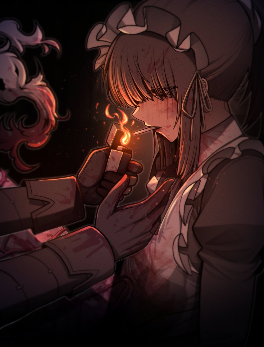 1boy, 1girl, absurdres, apron, black_dress, black_gloves, blood, blood_in_hair