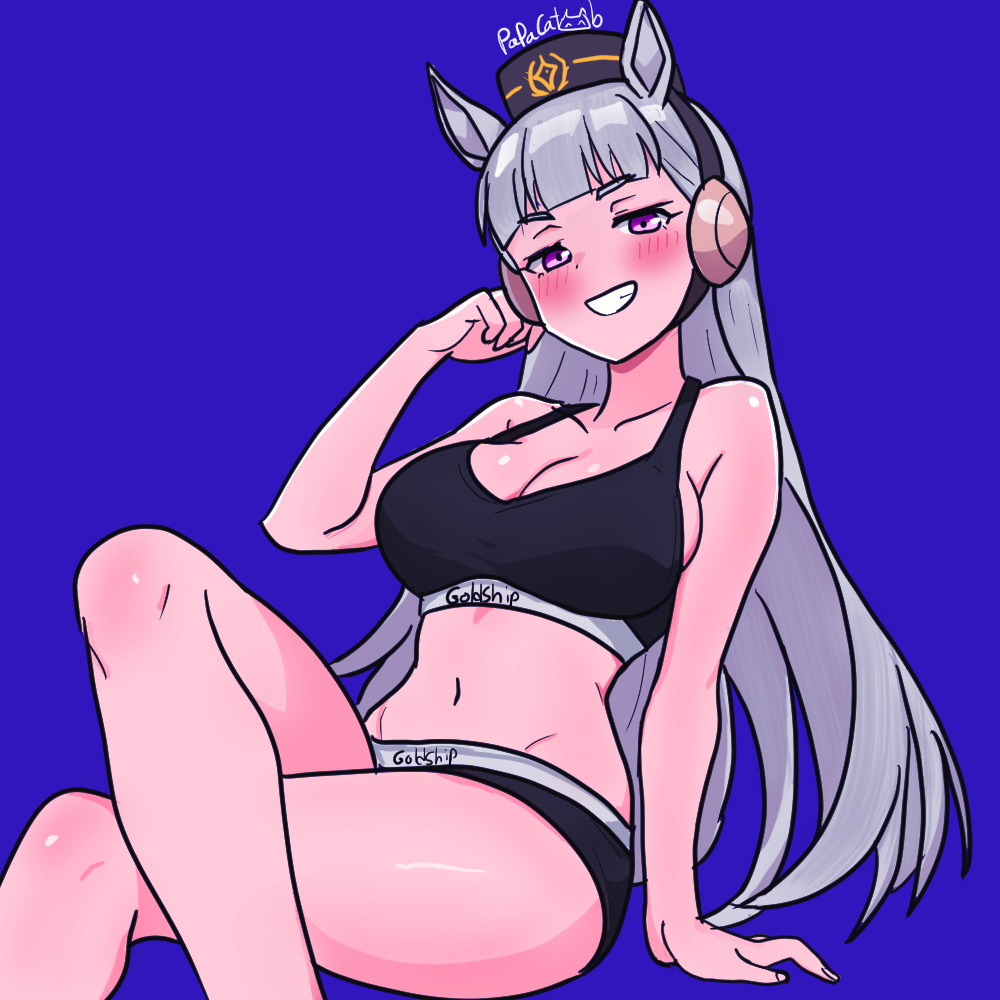 1girl, black_hat, black_panties, black_sports_bra, blush, breasts, cleavage, commentary