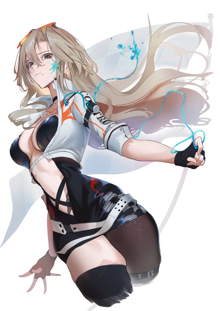 1girl, 35oku_vs, absurdres, black_gloves, black_survival, breasts, brown_eyes, brown_hair