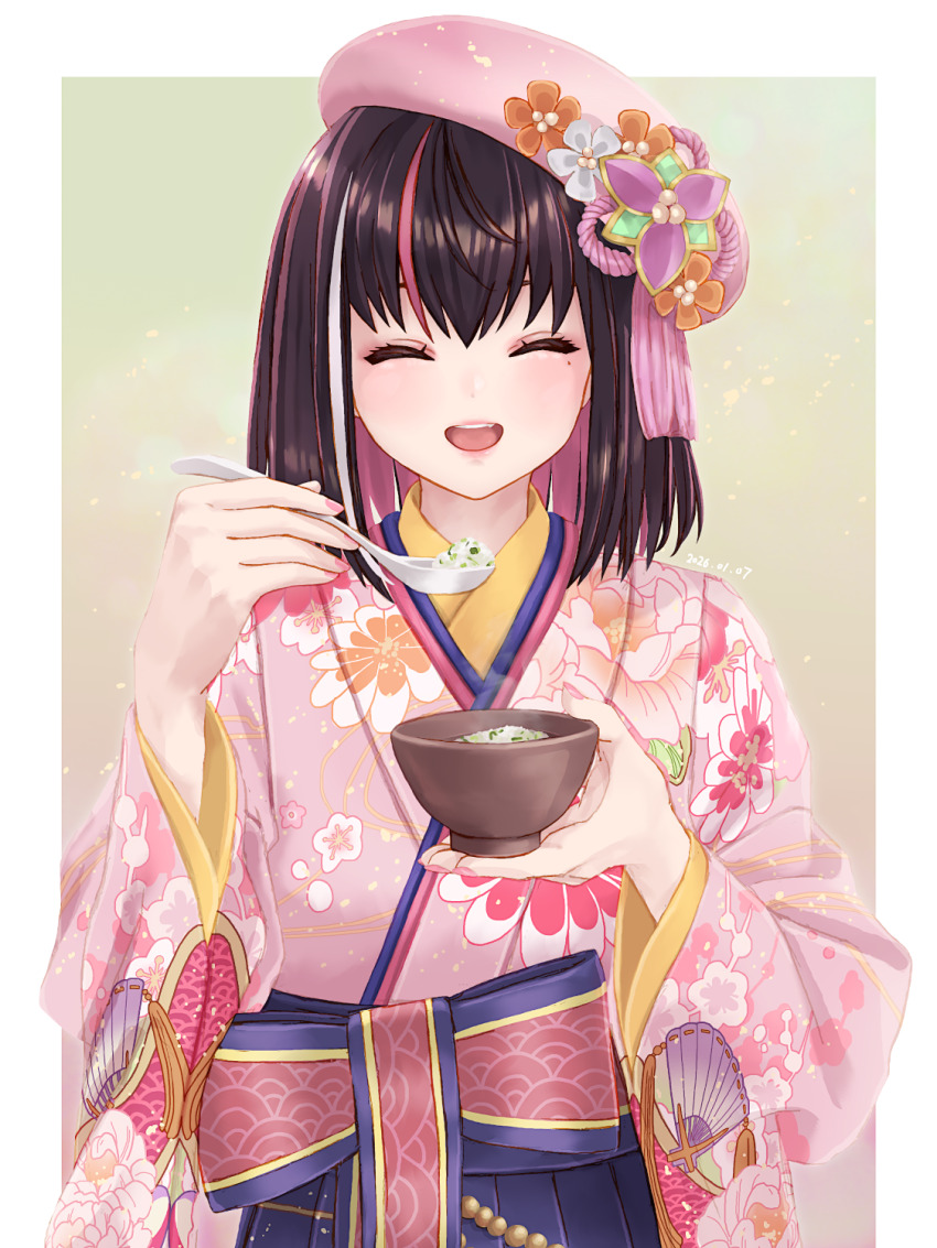 azki_(hololive), azki_(new_year)_(hololive), beret, blue_skirt, bow, bowl, brown_background, brown_hair