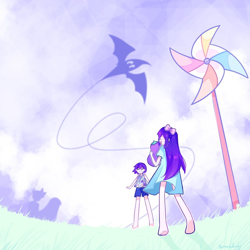 2boys, 2girls, antenna_hair, aubrey_(headspace)_(omori), aubrey_(omori), barefoot, blush, bow