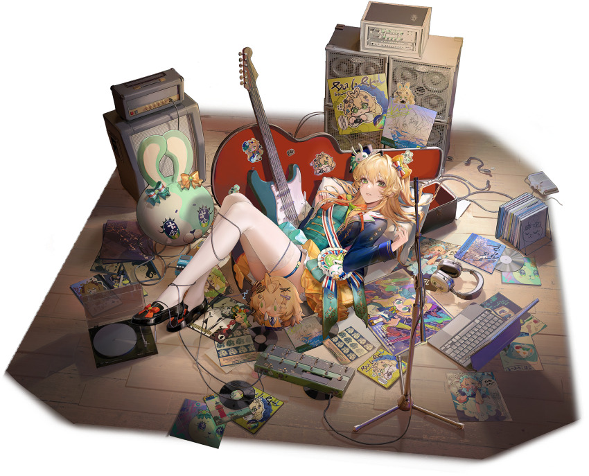 1girl, artist_request, black_shoes, blonde_hair, blue_jacket, bow, character_doll, character_sticker