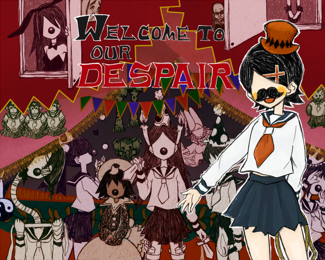 00s, 1boy, 6+girls, bandage_over_one_eye, bandages, baseball_bat, bear, bird, candle, circus, clown, dark_skin, elephant, english_text, everyone, facial_hair, fake_facial_hair, fake_mustache, fuura_kafuka, giraffe, hair_ornament, hairclip, hat, inutarouta, juggling, kaga_ai, kimura_kaere, kitsu_chiri, knife, kobushi_abiru, komori_kiri, kuusou_rumba, lighter, long_hair, long_sleeves, mini_hat, mini_top_hat, mitama_mayo, multiple_girls, mustache, no_eyes, otonashi_meru, panties, pantyshot, parted_bangs, party_hat, penguin, playboy_bunny, rope, sayonara_zetsubou_sensei, school_uniform, sekiutsu_maria_tarou, serafuku, short_hair, sleeves_past_wrists, smile, surreal, top_hat, trapeze_(object), underwear