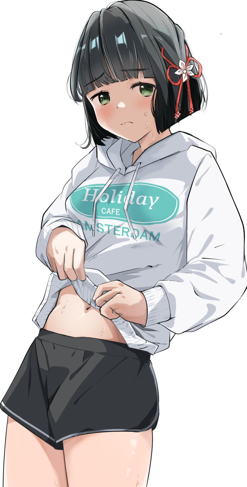 1girl, black_hair, black_shorts, blunt_bangs, blunt_ends, blush, bob_cut, clothes_lift