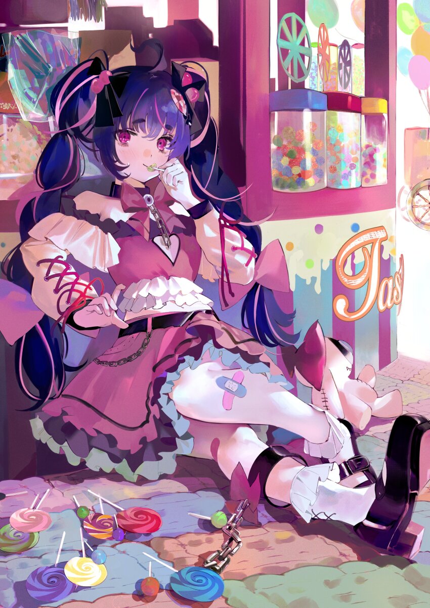 1girl, ahoge, bandaid, black_shoes, candy, candy_store, chain, cleavage_cutout