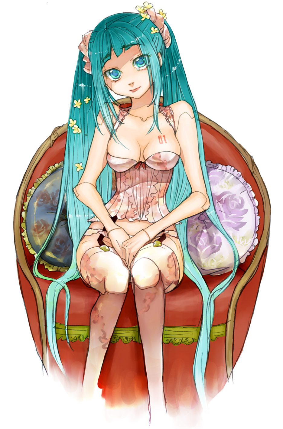 1girl, aqua_eyes, aqua_hair, breasts, cleavage, corset, doll_joints, female_focus, flower, garter_belt, hair_flower, hair_ornament, hatsune_miku, highres, joints, lingerie, long_hair, sitting, solo, suwaru, thighhighs, twintails, underwear, very_long_hair, vocaloid