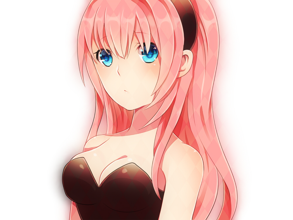 1girl, achiki, aqua_eyes, bad_id, bad_pixiv_id, bare_arms, bare_shoulders, black_dress, blue_eyes, breasts, cleavage, dress, female_focus, hairband, long_hair, looking_at_viewer, megurine_luka, neck, pink_hair, portrait, puntiki, simple_background, solo, strapless, strapless_dress, upper_body, vocaloid, white_background