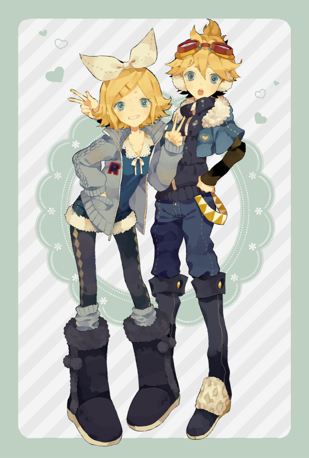 1boy, 1girl, blonde_hair, blue_eyes, boots, brother_and_sister, casual, goggles