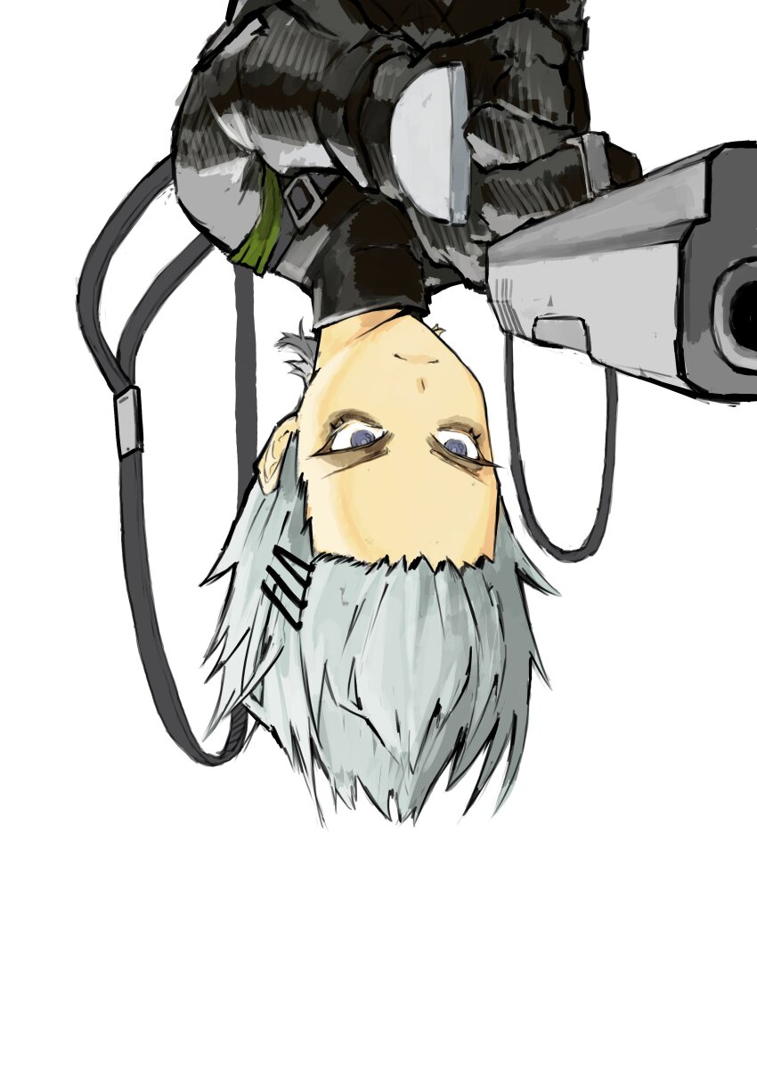 >:(, 1girl, absurdres, aiming, aqua_eyes, artificial_eye, black_bodysuit, bodysuit, chest_harness, closed_mouth, cyborg, doghunt14716979, finger_on_trigger, frown, glock, grey_hair, gun, hair_ornament, hairclip, handgun, harness, hashtag-only_commentary, highres, holding, holding_gun, holding_weapon, marie_(peripeteia), mechanical_eyes, medium_hair, painterly, peripeteia, serious, simple_background, single_mechanical_eye, sketch, solo, tsurime, upper_body, upside-down, v-shaped_eyebrows, weapon, white_background