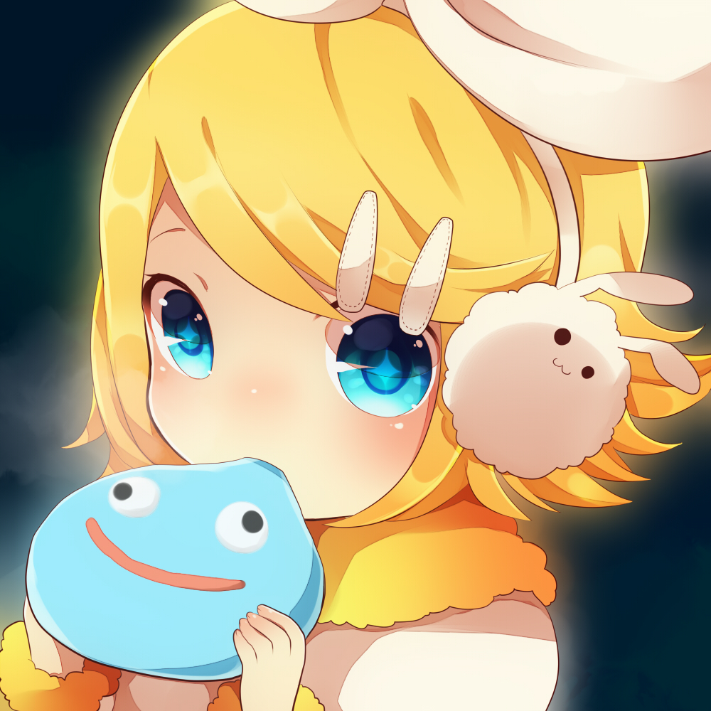 +_+, 1girl, :3, achiki, bad_id, bad_pixiv_id, steamed_bun, blonde_hair, blue_eyes, dragon_quest, earmuffs, eating, female_focus, food, hair_ornament, hair_ribbon, hairclip, kagamine_rin, mouth_hold, puntiki, rabbit_earmuffs, ribbon, short_hair, slime_(dragon_quest), solo, vocaloid