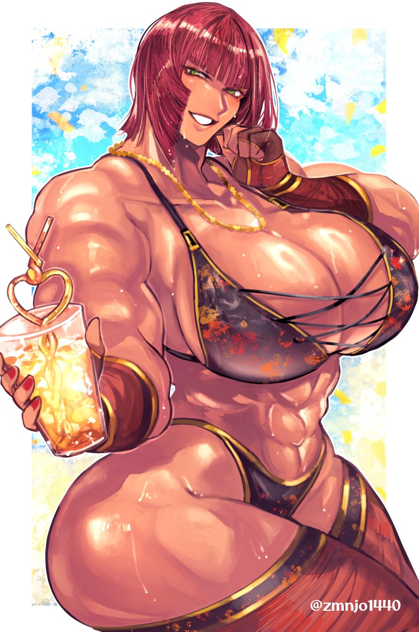 1girl, abs, absurdres, biceps, bikini, black_bikini, blunt_bangs, breasts