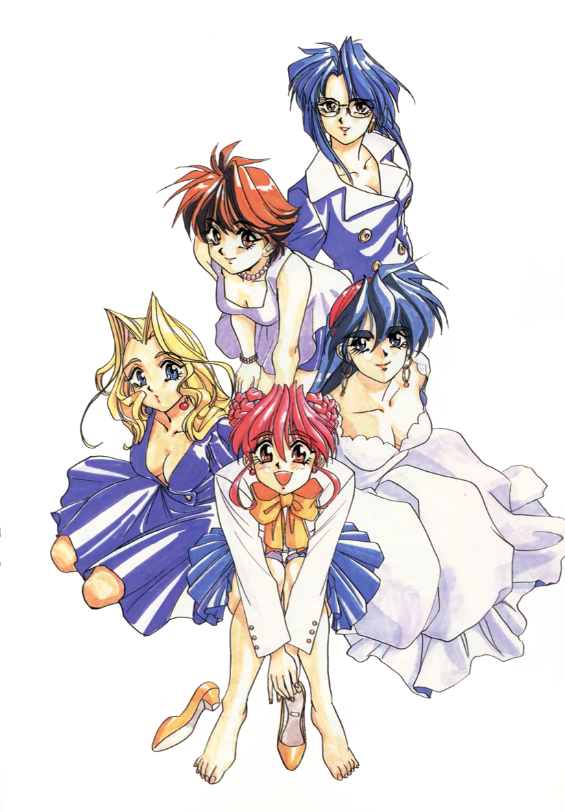 1990s_(style), 5girls, arai_kiyomi, bead_bracelet, bead_necklace, beads, blazer, blonde_hair