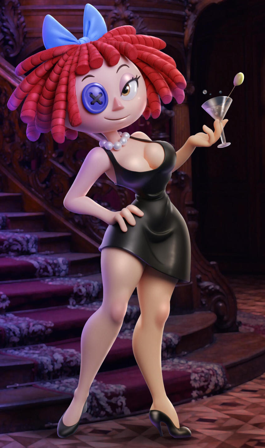 14-bis, black_dress, blue_bow, bow, breasts, button_eye, cocktail_glass, cup