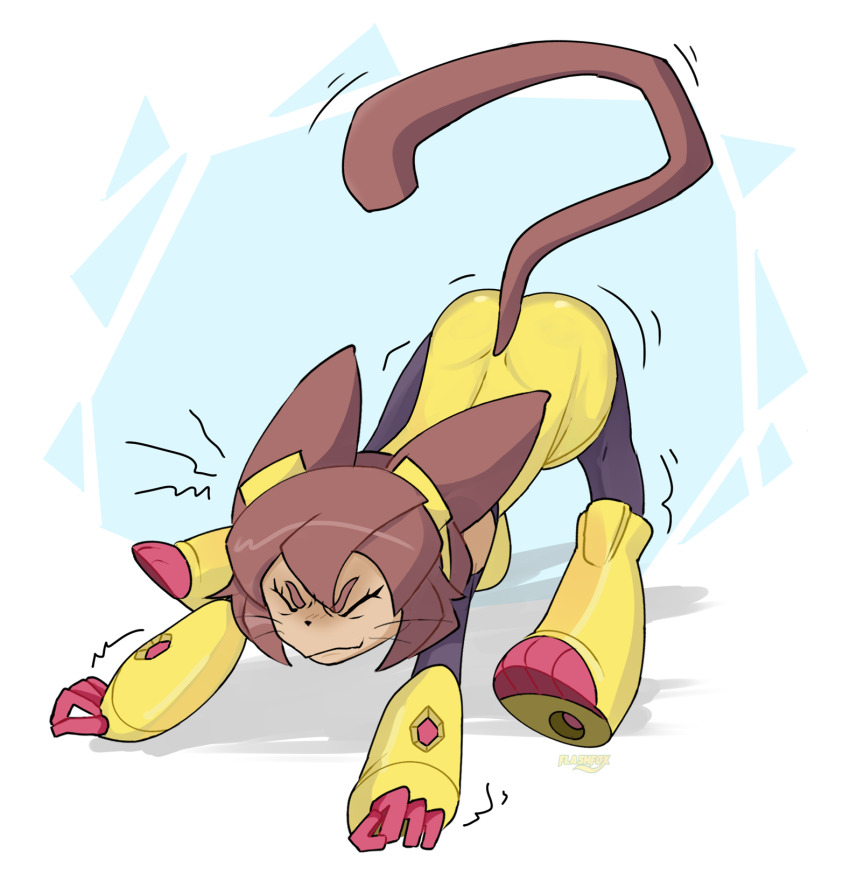 1girl, animal_ears, ass, brown_hair, cat_ears, cat_girl, cat_stretch, closed_eyes