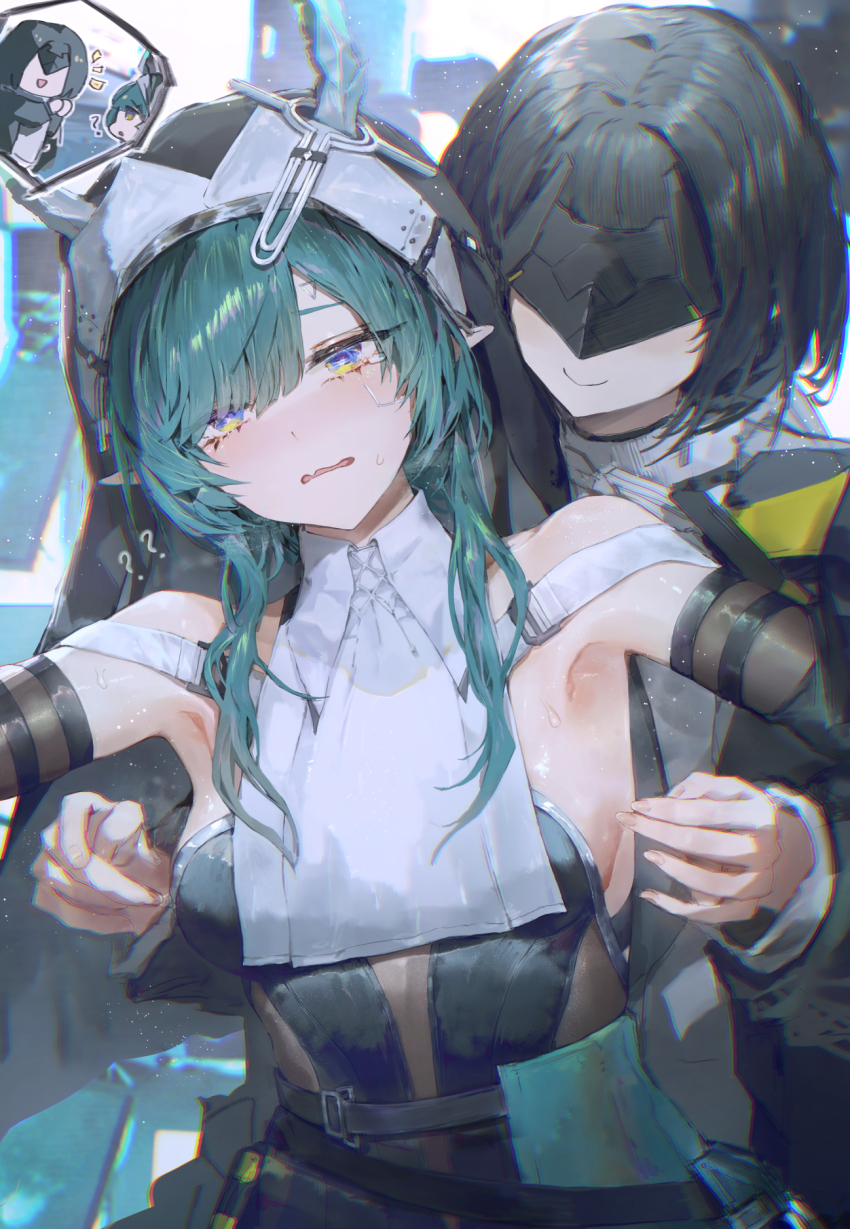2girls, aqua_hair, arknights, arknights:_endfield, armpits, behind_another, black_hair, blindfold_mask