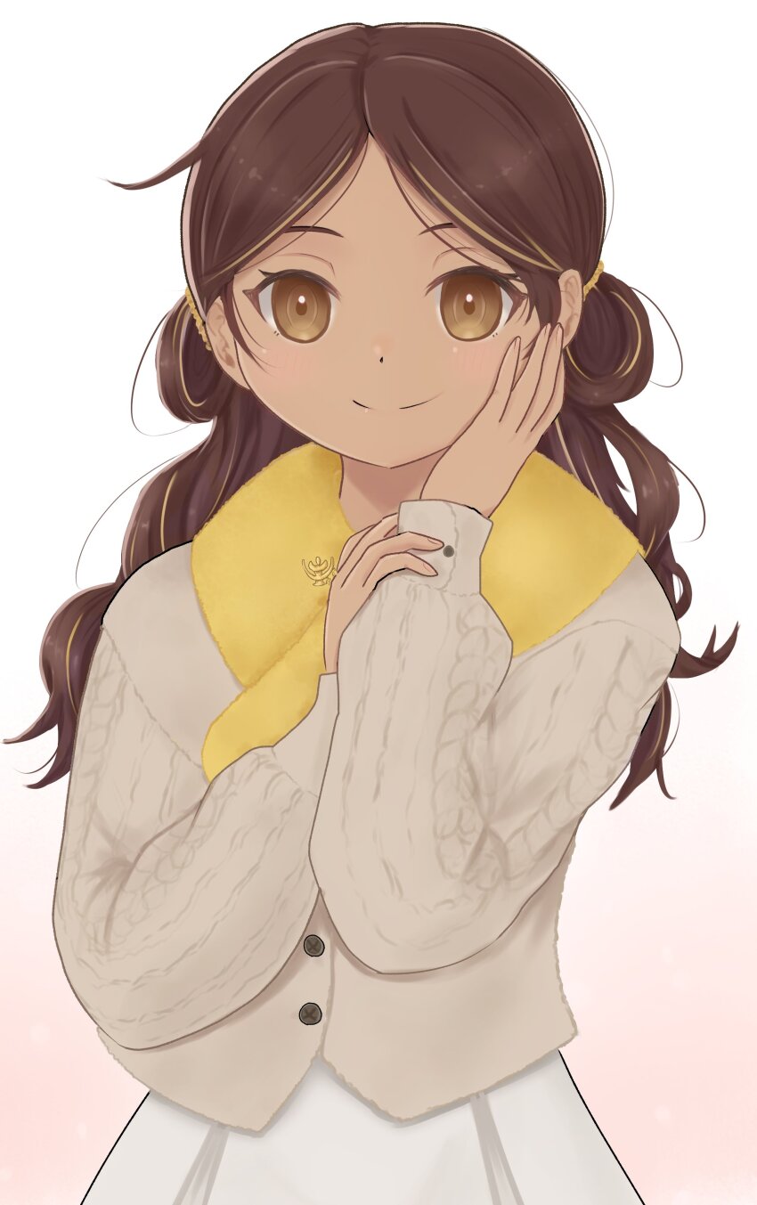 1girl, absurdres, brown_eyes, brown_hair, brown_jacket, commentary_request, dark-skinned_female, dark_skin