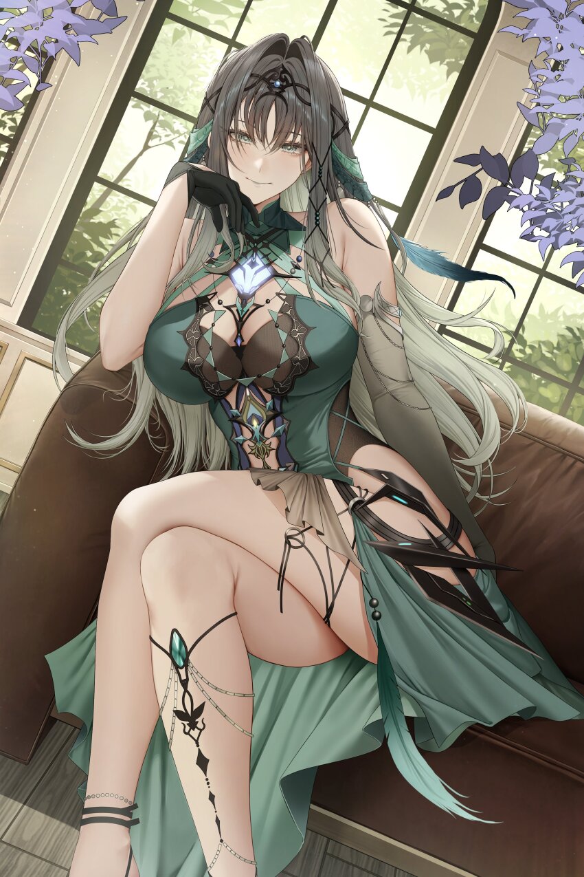 1girl, absurdres, alternate_costume, bare_shoulders, black_gloves, breasts, closed_mouth, commentary